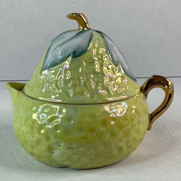 Vintage Luster Glaze Lemon Reamer Pitcher Yellow/Green/Gold Accents 3 PCS - Picture 3 of 13